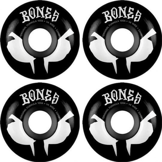Bones Wheels 100's OG V4 Wides Blot Black / White Skateboard Wheels - 53mm 100a (Set of 4)