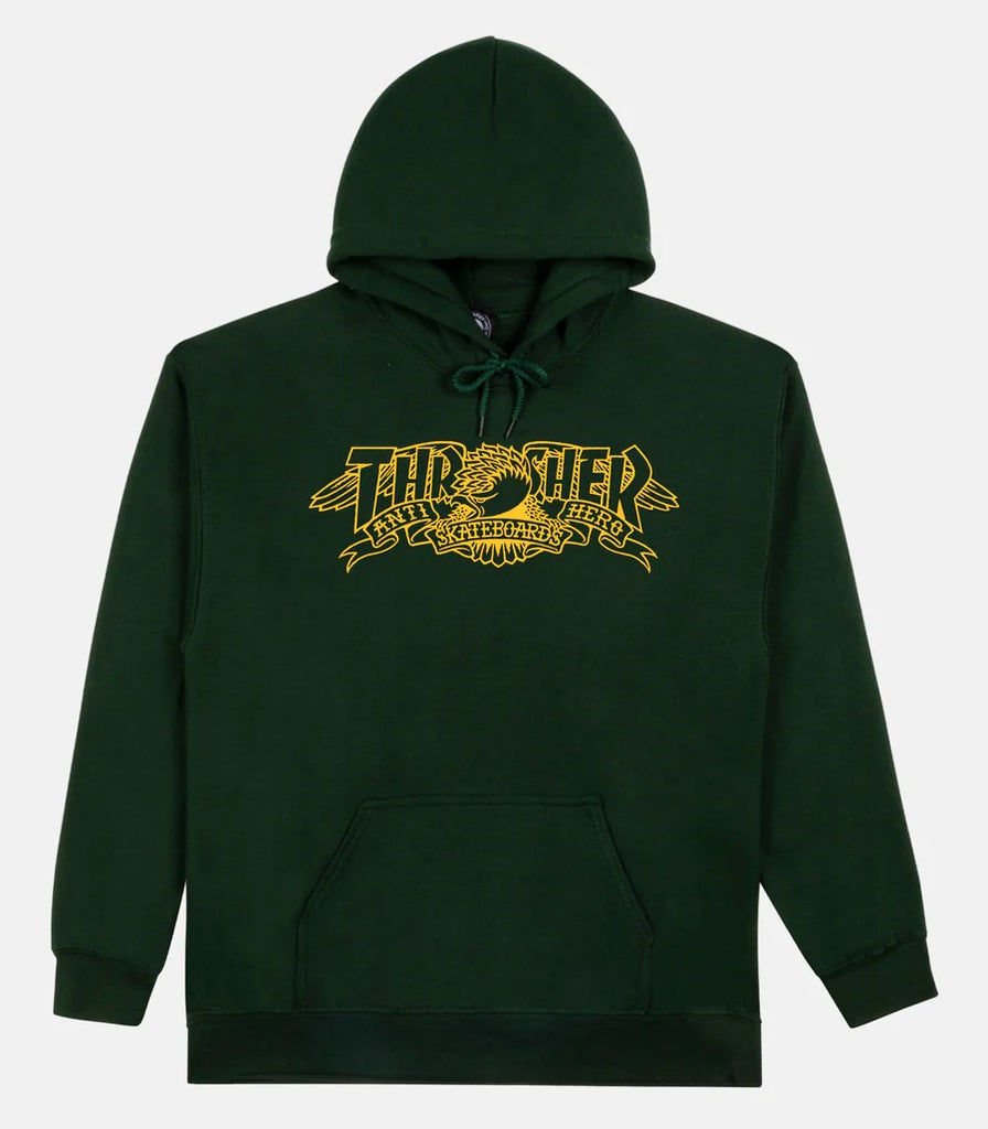 THRASHER X ANTI-HERO MAG BANNER FOREST GREEN HOODED SWEATSHIRT