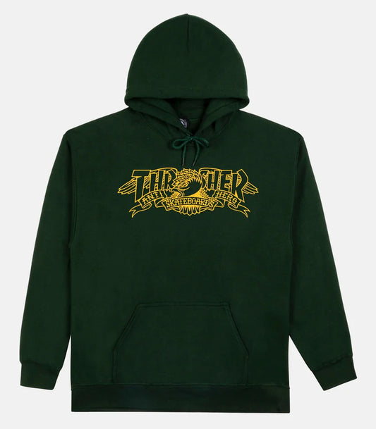 THRASHER X ANTI-HERO MAG BANNER FOREST GREEN HOODED SWEATSHIRT
