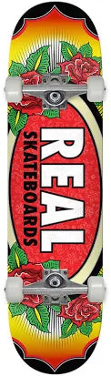 Real Skateboards deck with roses and leaves design on a red background