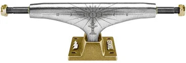 Skateboard truck with gold and silver design on a white background