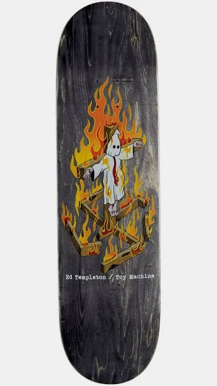 Skateboard deck with a graphic design of a ghost in flames on a dark background