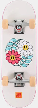 Skateboard with floral designs and a visible brand logo on a white background
