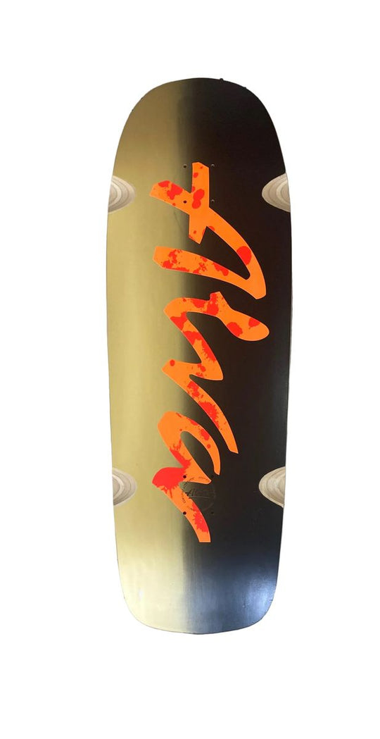 Alva Double Diamond Pool Crusher Gold/Black/Orange Red Splatter Shaped Wheel Wells Deck 11.0 X 34.0