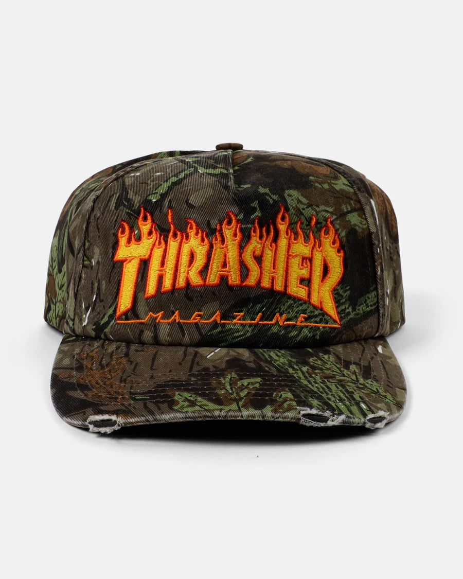 Thrasher Flame Distressed Snapback Hat Camo
