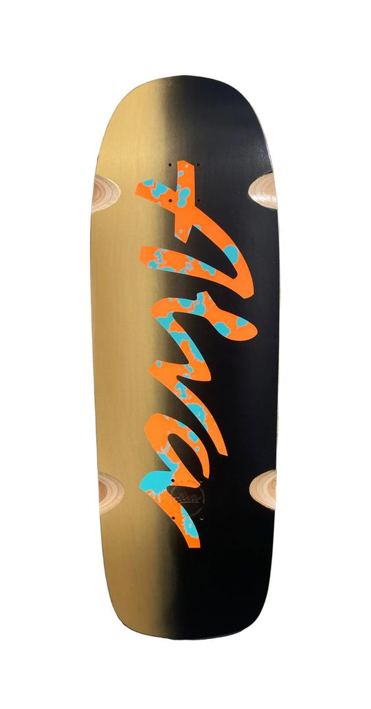 Alva Double Diamond Pool Crusher Gold/Black/Orange Aqua Splatter Shaped Wheel Wells Deck 11.0 X 34.0