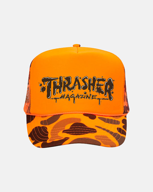 Thrasher Wet Paint Trucker Hat Orange Camo