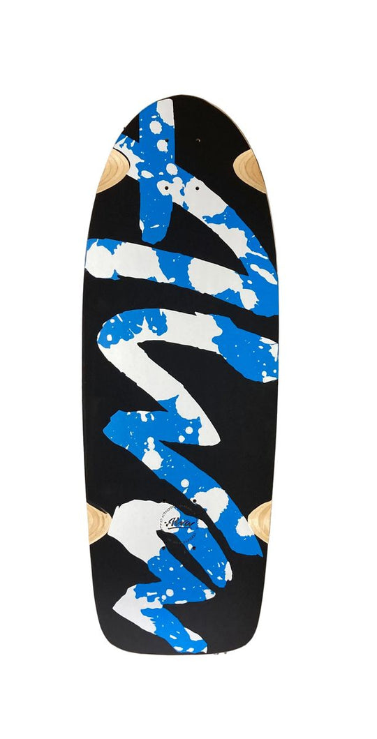 Alva OG Logo Flat Black/Blue Pearl White Splatter Shaped Wheel Wells Deck 10.5 X 30.5