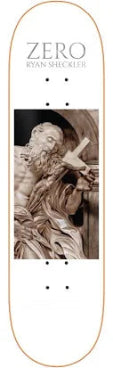 Zero skateboard deck with a religious sculpture design and 'Ryan Sheckler' branding.